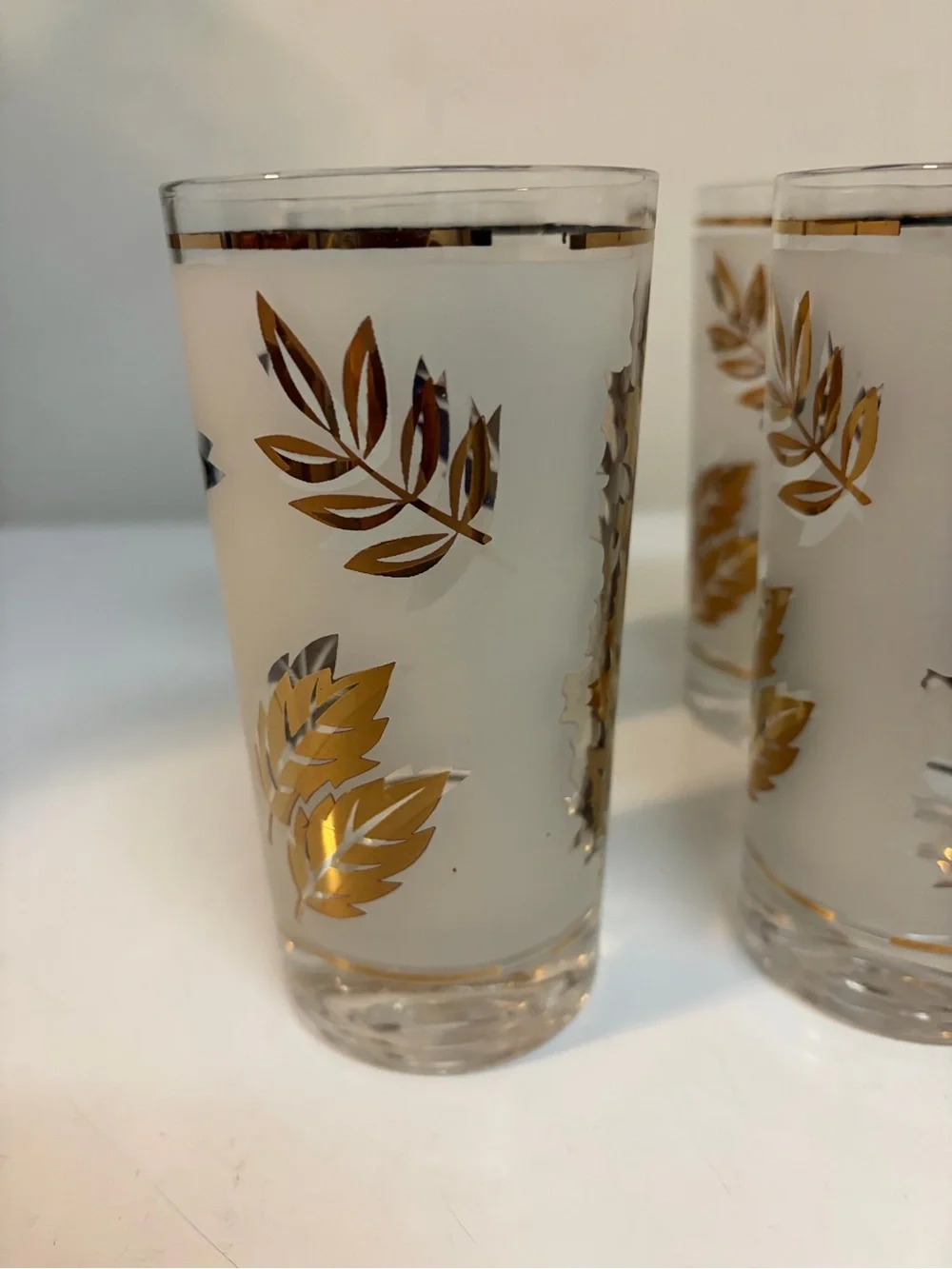 Libbey Golden Foliage Vintage Tumblers Set of 8 Frosted Gold Leaf MCM 1960s